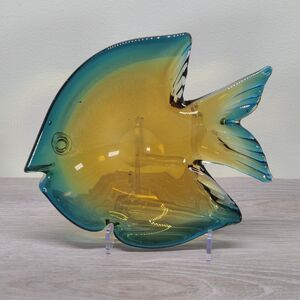 Art Glass Fish Dish Bowl Ashtray Amber Blue Green
